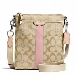 COACH beige swing pack crossbody with pink stripe